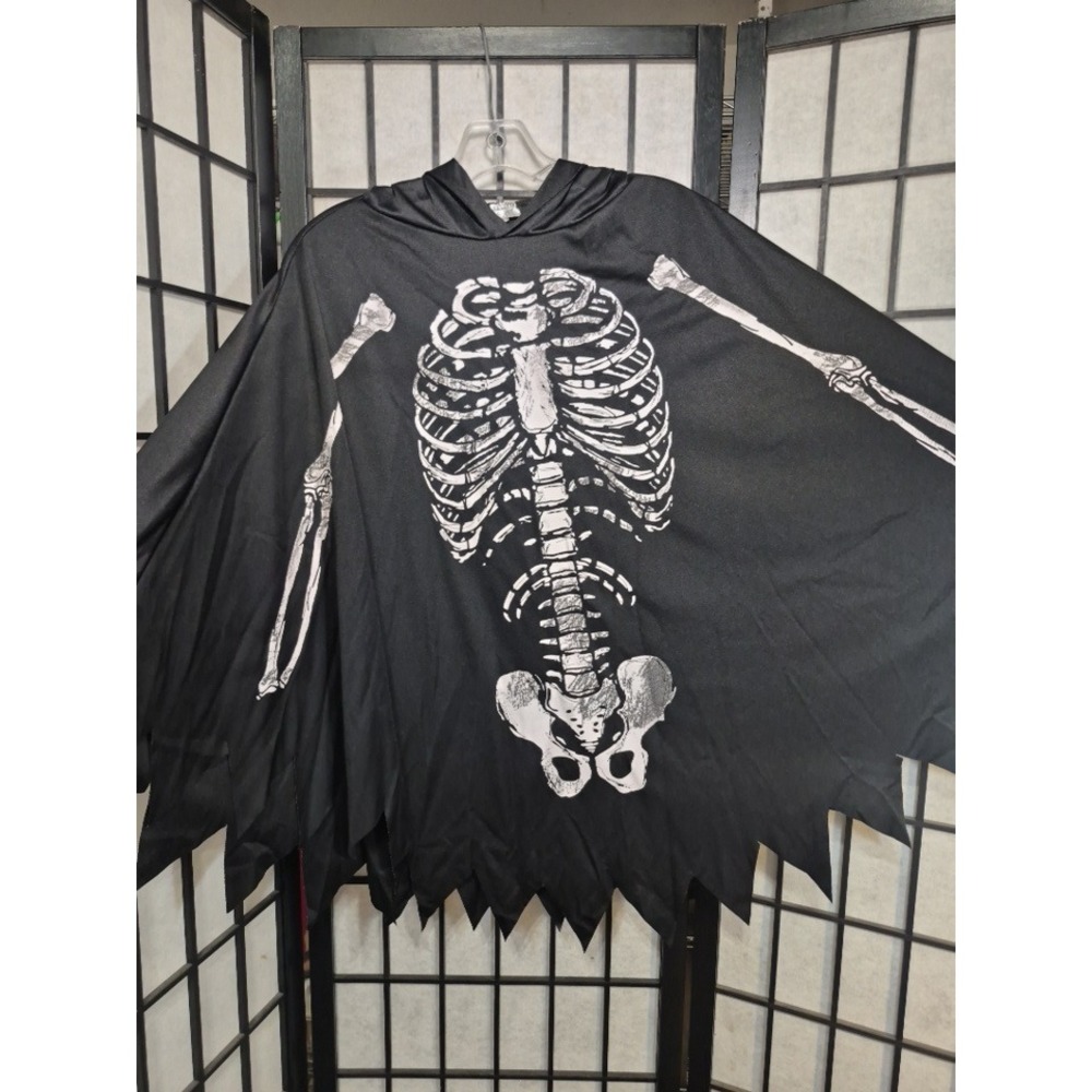 Skeleton Hooded Poncho Costume Black White Rib Cage Halloween Cape Unisex